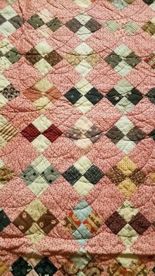 Antique Vtg Four Square Patch Block Quilt calico paisley striped floral 84x85 2