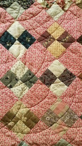 Antique Vtg Four Square Patch Block Quilt calico paisley striped floral 84x85 7