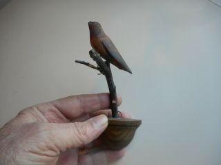 Small Antique Folk Art Carved And Polychrome Painted Bird On A Branch