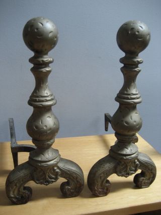 2 Antique Cast Iron Fireplace Andirons 18 Inch Tall With Stands Rusty