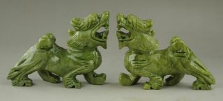 Chinese Natural Green Jade Dragon Pixiu Statue Pair