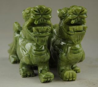 Chinese Natural green Jade Dragon Pixiu Statue Pair 3