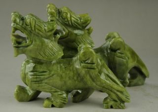 Chinese Natural green Jade Dragon Pixiu Statue Pair 4