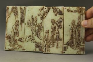 Chinese Old Natural Jade Hand - Carved Statue Folding Screen 7.  5 Inch