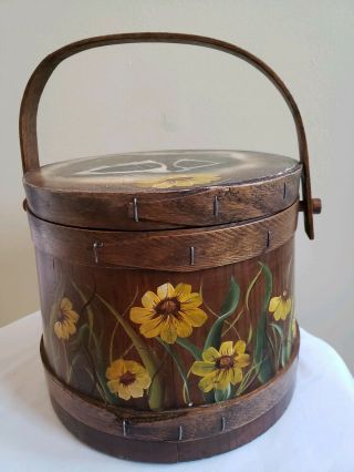 Vintage Primitive Wooden Firkin/sugar Bucket W/ Lid And Handle,  Hand Painted