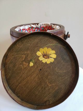 Vintage Primitive Wooden Firkin/Sugar Bucket w/ Lid and Handle,  Hand Painted 8