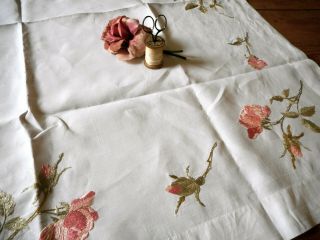 Antique Society Silk Embroidery Roses Tea Table Cloth On Linen Fabric 1900