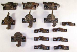 7 Antique Fancy Victorian Brass & Cast Iron Window Sash Latches Locks