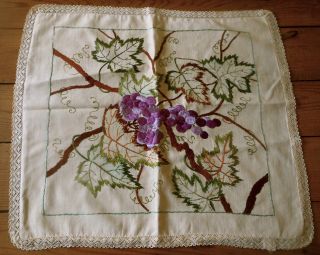 Antique Society Silk Embroidery Pillow Cover With Lace Purple Grapes