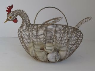 Metal Wire Egg Basket Chicken Hen Shaped Very Cute And Painted