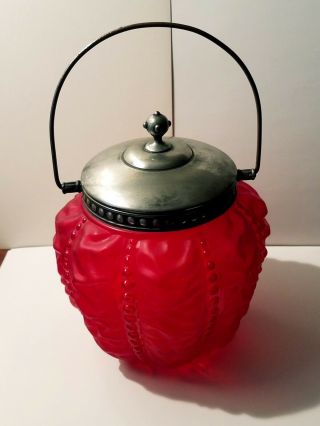 Beaded Drape Cranberry Red Satin Glass Victorian Biscuit Jar,  Bail Handle W Lid