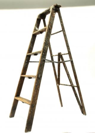 Vintage Wood Ladder Step Stool Folding Rustic Antique Decor Pot Rack Barn
