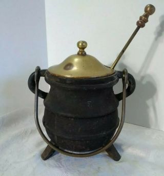Antique Heavy Cast Iron Fire Starter Footed Smudge Pot Pumice Stone Brass Lid