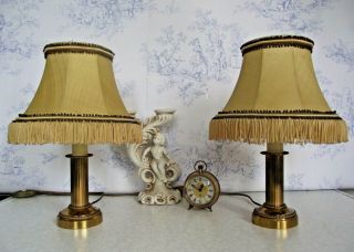 Pair French Brass Column Candle Lamps With Gold Fringed Shades 1326