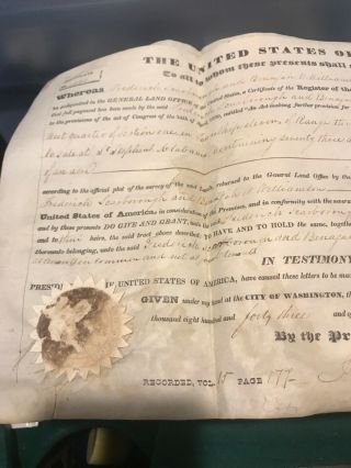 John Tyler Signed Land Grant Document Us President Rare Authentic 3/10/1843 4