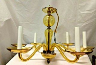 Vintage Murano Glass Brass Chandelier 60s/70s Mcm Amber Yellow 6 Socket
