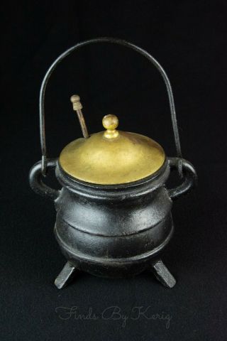 Antique Cast Iron & Brass Fire Starter Oil Pot Kettle With Wand / Fireplace Tool