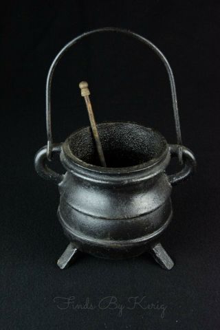 Antique Cast Iron & Brass Fire Starter Oil Pot Kettle With Wand / Fireplace Tool 2