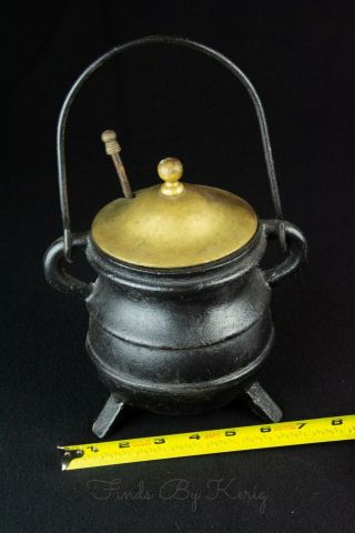 Antique Cast Iron & Brass Fire Starter Oil Pot Kettle With Wand / Fireplace Tool 3