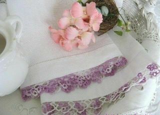 Vintage Cottage Romance 2 Lavender Tatted Lace Damask Linen Guest Or Tea Towels