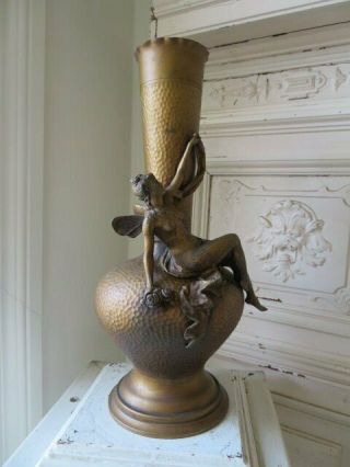 Exquisite Old Vintage Metal Vase Lamp Base Gorgeous Fairy With Wings Roses