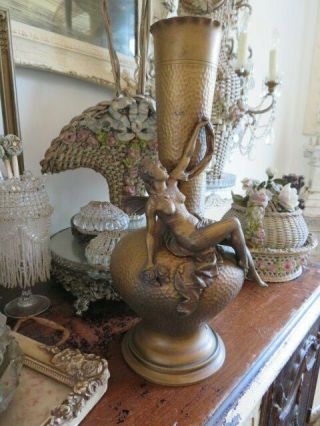 EXQUISITE OLD Vintage Metal VASE Lamp Base Gorgeous FAIRY with WINGS Roses 2