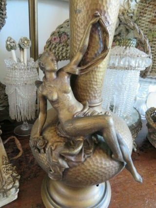 EXQUISITE OLD Vintage Metal VASE Lamp Base Gorgeous FAIRY with WINGS Roses 3