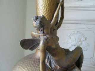 EXQUISITE OLD Vintage Metal VASE Lamp Base Gorgeous FAIRY with WINGS Roses 4
