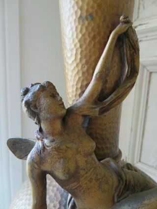EXQUISITE OLD Vintage Metal VASE Lamp Base Gorgeous FAIRY with WINGS Roses 5