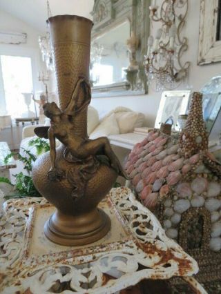 EXQUISITE OLD Vintage Metal VASE Lamp Base Gorgeous FAIRY with WINGS Roses 6