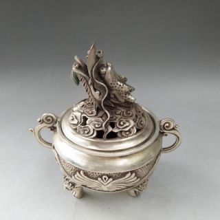 ANCIENT CHINESE TIBETAN SILVER HAND - CARVED DRAGON PATTERN INCENSE BURNER 2