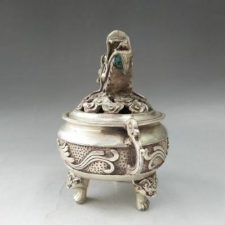 ANCIENT CHINESE TIBETAN SILVER HAND - CARVED DRAGON PATTERN INCENSE BURNER 4