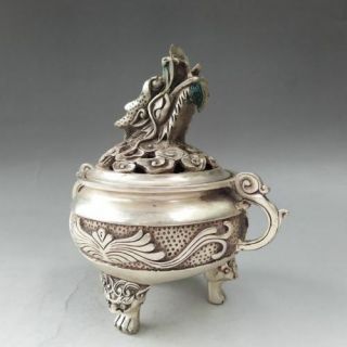 ANCIENT CHINESE TIBETAN SILVER HAND - CARVED DRAGON PATTERN INCENSE BURNER 5