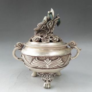 ANCIENT CHINESE TIBETAN SILVER HAND - CARVED DRAGON PATTERN INCENSE BURNER 6