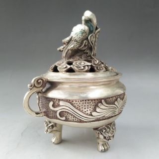 ANCIENT CHINESE TIBETAN SILVER HAND - CARVED DRAGON PATTERN INCENSE BURNER 7