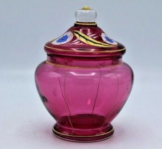 Antique Art Glass Lidded Jar Enameled Rubina Cranberry Hand - Painted Dresser Box