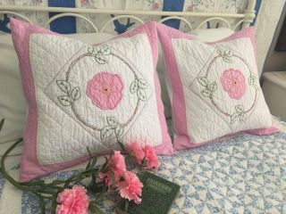 Charming Cottage Perfect Vintage 30s Densely Quilted Pink Posy Quilt Pillow 20 "