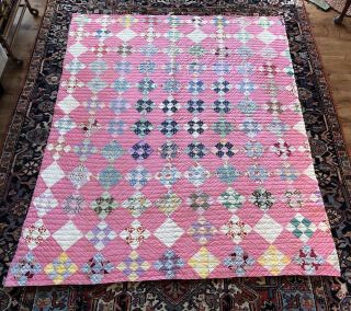 Ca 1940 - 50s Calico & Pink Pieced Patchwork Quilt Hand Quilted 74 X 62 5 Spi Aafa