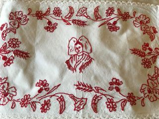 Antique/vintage French Doily - Redwork - Red Embroidery - White Lace - Alsace