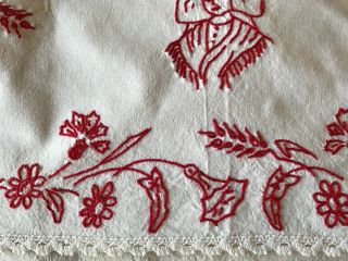 ANTIQUE/VINTAGE FRENCH DOILY - RedWork - Red Embroidery - White Lace - Alsace 3