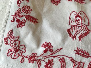 ANTIQUE/VINTAGE FRENCH DOILY - RedWork - Red Embroidery - White Lace - Alsace 4