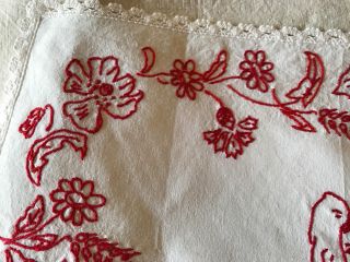 ANTIQUE/VINTAGE FRENCH DOILY - RedWork - Red Embroidery - White Lace - Alsace 5