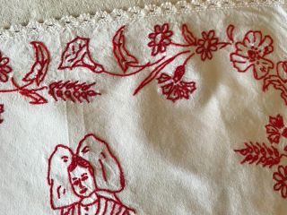 ANTIQUE/VINTAGE FRENCH DOILY - RedWork - Red Embroidery - White Lace - Alsace 6