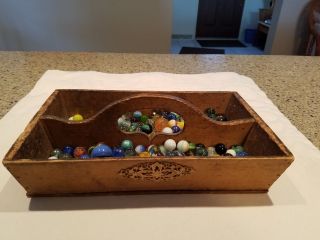 Antique Wood Caddy Divided Tray Box Primitive Decor Vintage 200,  Mixed Marbles