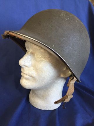 Wwii U.  S.  Army M - 1 Helmet Fixed Bale Front Seam With Early Hawley Fiber Liner