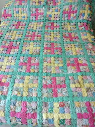 Antique Yo Yo Quilt Top Multicolored Cross Design Hand Stitched Feed/flour Sack