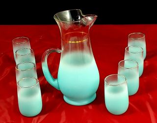 Mid Century Modern Juice Pitcher Frosted Turquoise Gold Accent,  8 Juice Glasses