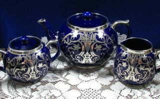 Vintage England Cobalt With Silver Overlay Teapot Creamer Sugar Set