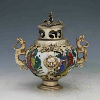 Chinese Old Porcelain Inlaid Tibetan Silver Copper & Monkey Lid Incense Burner