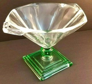 Vintage Crystal Art Deco Candy Dish - Hexagon With A Square Pedestal - Green